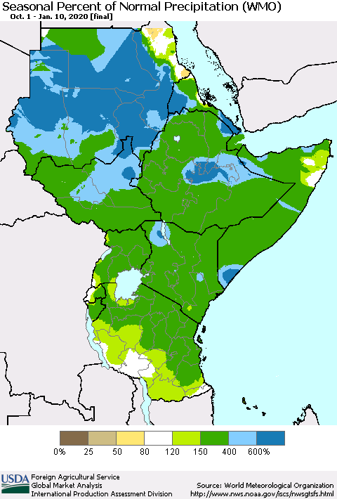 Eastern Africa Seasonal Percent of Normal Precipitation (WMO) Thematic Map For 10/1/2019 - 1/10/2020