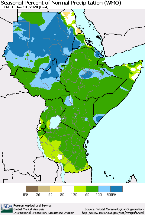 Eastern Africa Seasonal Percent of Normal Precipitation (WMO) Thematic Map For 10/1/2019 - 1/31/2020