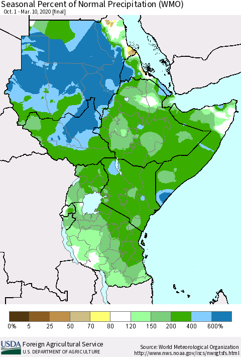 Eastern Africa Seasonal Percent of Normal Precipitation (WMO) Thematic Map For 10/1/2019 - 3/10/2020