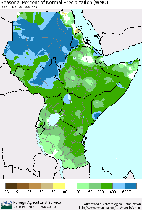 Eastern Africa Seasonal Percent of Normal Precipitation (WMO) Thematic Map For 10/1/2019 - 3/20/2020