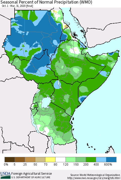 Eastern Africa Seasonal Percent of Normal Precipitation (WMO) Thematic Map For 10/1/2019 - 3/31/2020