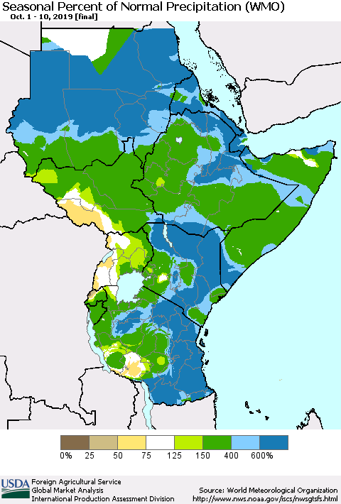 Eastern Africa Seasonal Percent of Normal Precipitation (WMO) Thematic Map For 10/1/2019 - 10/10/2019