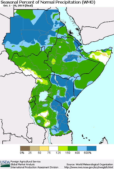 Eastern Africa Seasonal Percent of Normal Precipitation (WMO) Thematic Map For 10/1/2019 - 10/20/2019