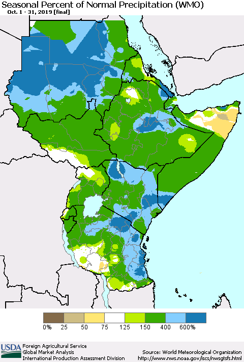 Eastern Africa Seasonal Percent of Normal Precipitation (WMO) Thematic Map For 10/1/2019 - 10/31/2019