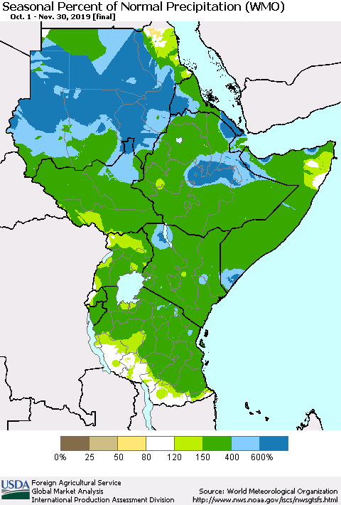 Eastern Africa Seasonal Percent of Normal Precipitation (WMO) Thematic Map For 10/1/2019 - 11/30/2019