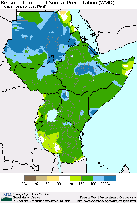 Eastern Africa Seasonal Percent of Normal Precipitation (WMO) Thematic Map For 10/1/2019 - 12/10/2019
