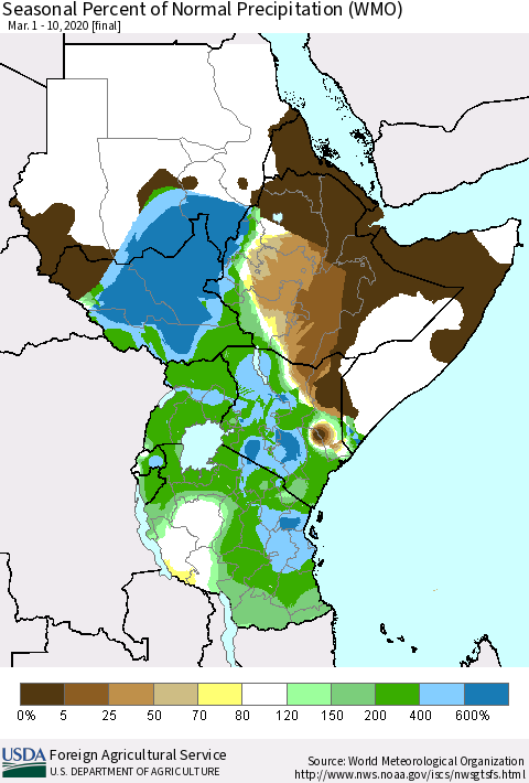 Eastern Africa Seasonal Percent of Normal Precipitation (WMO) Thematic Map For 3/1/2020 - 3/10/2020