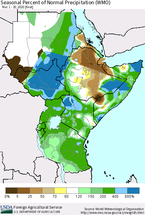 Eastern Africa Seasonal Percent of Normal Precipitation (WMO) Thematic Map For 3/1/2020 - 3/20/2020