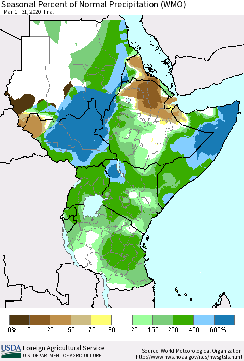 Eastern Africa Seasonal Percent of Normal Precipitation (WMO) Thematic Map For 3/1/2020 - 3/31/2020