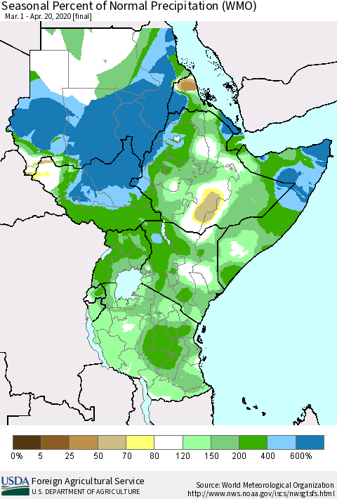 Eastern Africa Seasonal Percent of Normal Precipitation (WMO) Thematic Map For 3/1/2020 - 4/20/2020