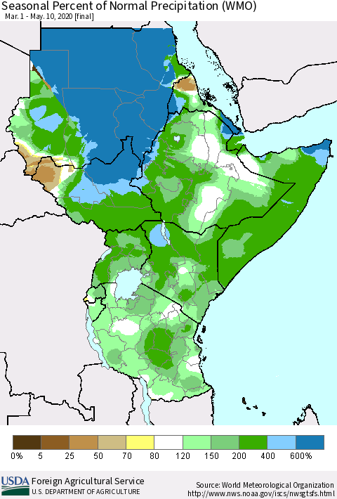 Eastern Africa Seasonal Percent of Normal Precipitation (WMO) Thematic Map For 3/1/2020 - 5/10/2020