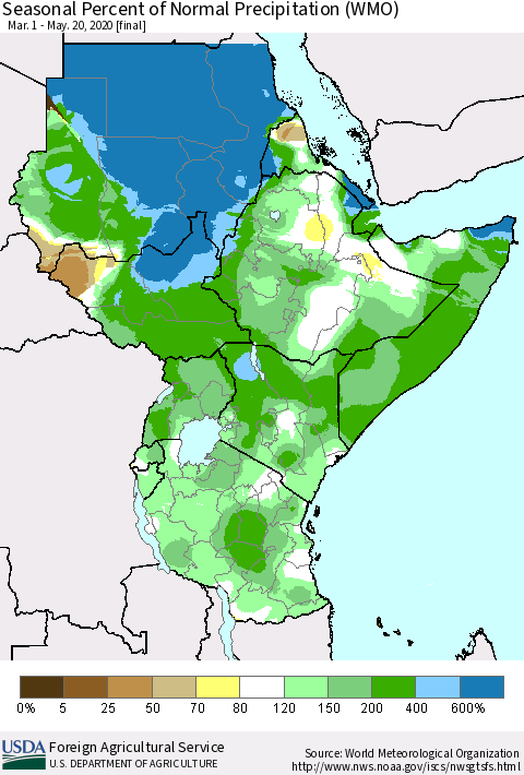 Eastern Africa Seasonal Percent of Normal Precipitation (WMO) Thematic Map For 3/1/2020 - 5/20/2020