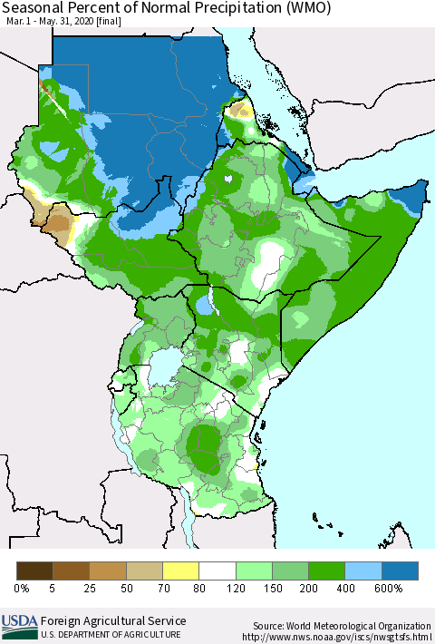 Eastern Africa Seasonal Percent of Normal Precipitation (WMO) Thematic Map For 3/1/2020 - 5/31/2020