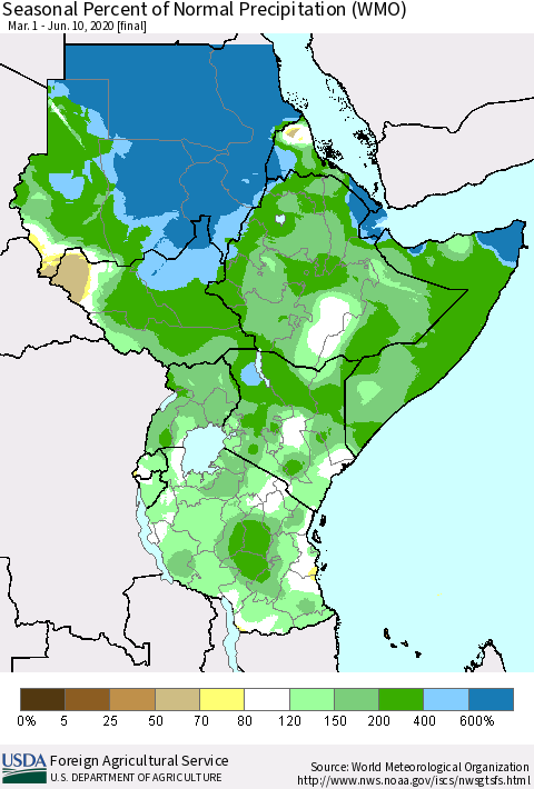 Eastern Africa Seasonal Percent of Normal Precipitation (WMO) Thematic Map For 3/1/2020 - 6/10/2020