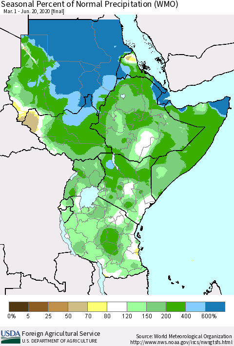 Eastern Africa Seasonal Percent of Normal Precipitation (WMO) Thematic Map For 3/1/2020 - 6/20/2020