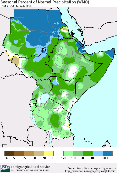 Eastern Africa Seasonal Percent of Normal Precipitation (WMO) Thematic Map For 3/1/2020 - 6/30/2020