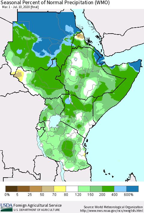 Eastern Africa Seasonal Percent of Normal Precipitation (WMO) Thematic Map For 3/1/2020 - 7/10/2020