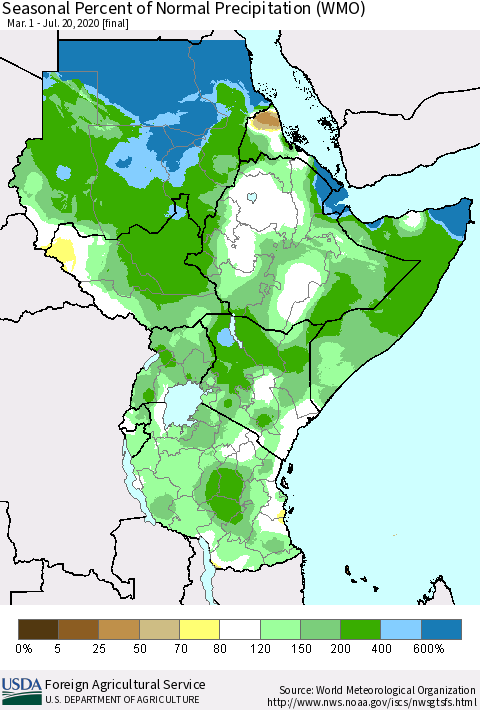 Eastern Africa Seasonal Percent of Normal Precipitation (WMO) Thematic Map For 3/1/2020 - 7/20/2020