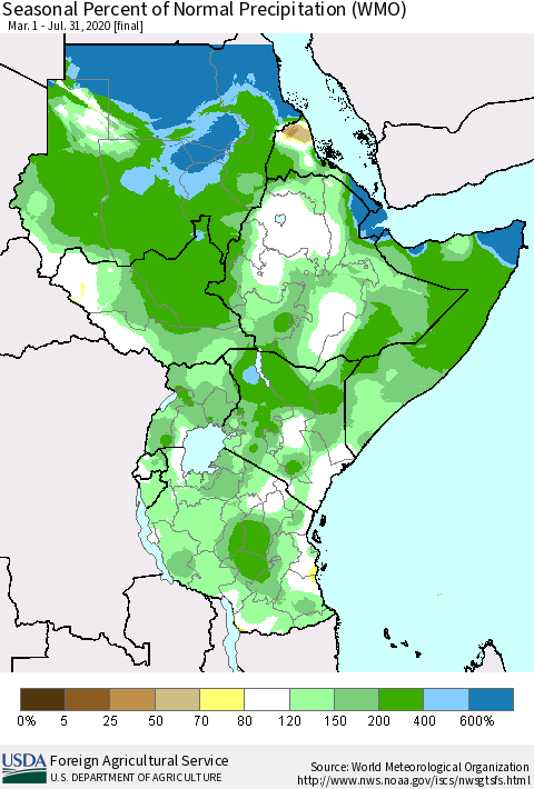 Eastern Africa Seasonal Percent of Normal Precipitation (WMO) Thematic Map For 3/1/2020 - 7/31/2020