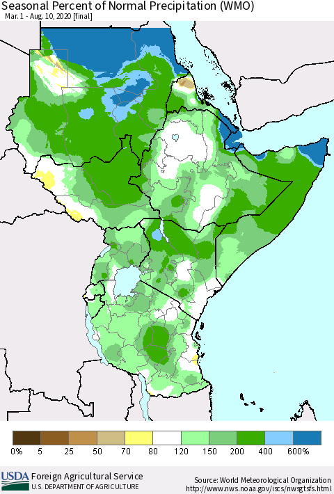 Eastern Africa Seasonal Percent of Normal Precipitation (WMO) Thematic Map For 3/1/2020 - 8/10/2020
