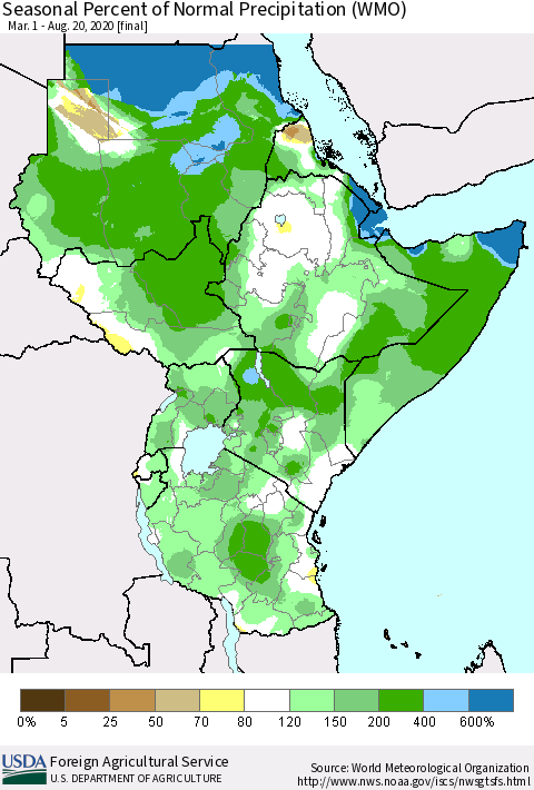 Eastern Africa Seasonal Percent of Normal Precipitation (WMO) Thematic Map For 3/1/2020 - 8/20/2020