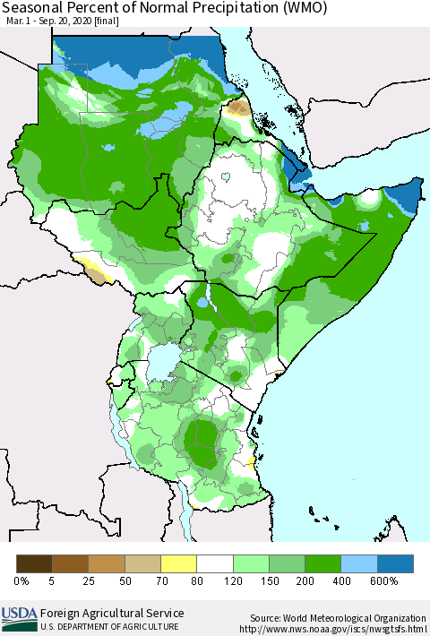 Eastern Africa Seasonal Percent of Normal Precipitation (WMO) Thematic Map For 3/1/2020 - 9/20/2020