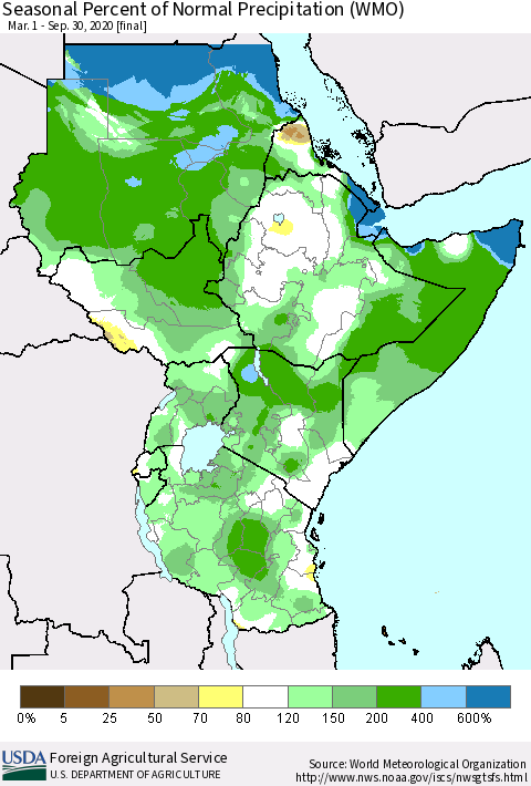 Eastern Africa Seasonal Percent of Normal Precipitation (WMO) Thematic Map For 3/1/2020 - 9/30/2020