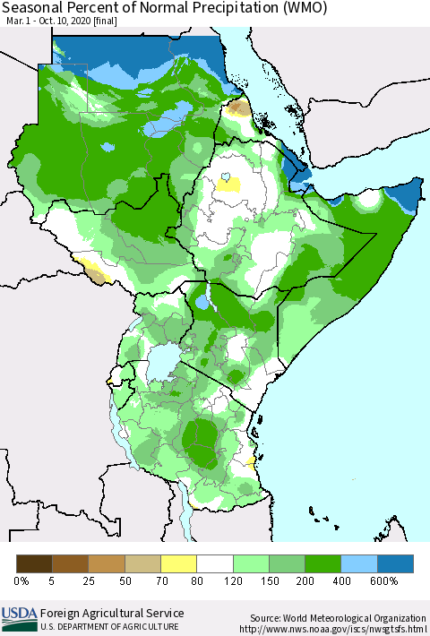 Eastern Africa Seasonal Percent of Normal Precipitation (WMO) Thematic Map For 3/1/2020 - 10/10/2020