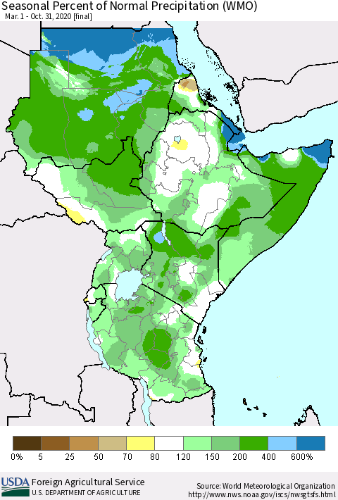 Eastern Africa Seasonal Percent of Normal Precipitation (WMO) Thematic Map For 3/1/2020 - 10/31/2020