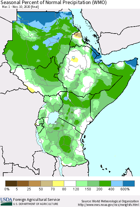 Eastern Africa Seasonal Percent of Normal Precipitation (WMO) Thematic Map For 3/1/2020 - 11/10/2020