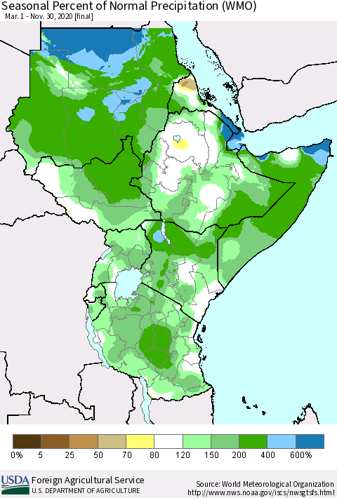 Eastern Africa Seasonal Percent of Normal Precipitation (WMO) Thematic Map For 3/1/2020 - 11/30/2020