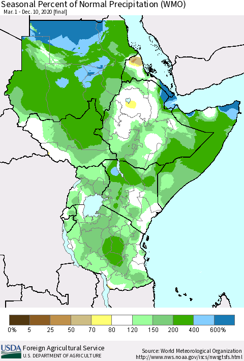 Eastern Africa Seasonal Percent of Normal Precipitation (WMO) Thematic Map For 3/1/2020 - 12/10/2020