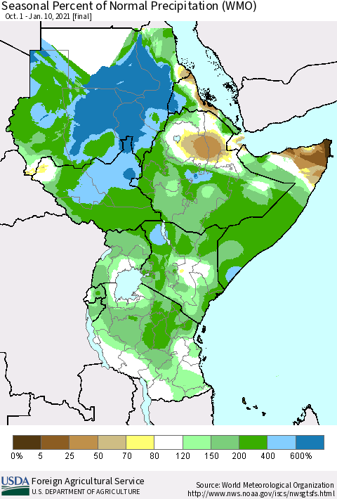 Eastern Africa Seasonal Percent of Normal Precipitation (WMO) Thematic Map For 10/1/2020 - 1/10/2021