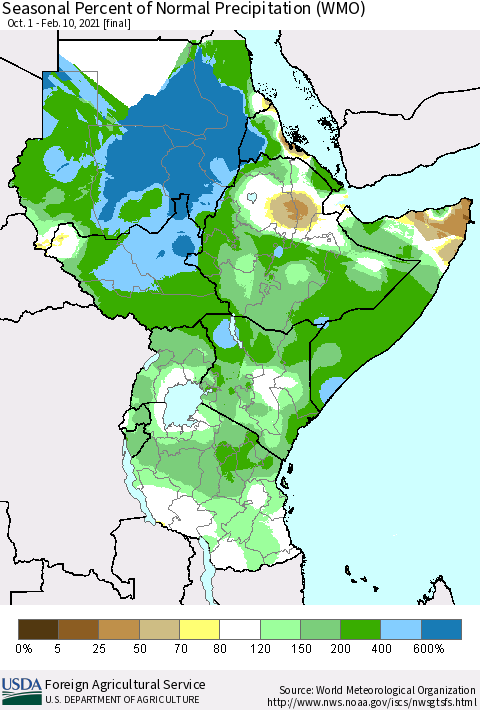 Eastern Africa Seasonal Percent of Normal Precipitation (WMO) Thematic Map For 10/1/2020 - 2/10/2021