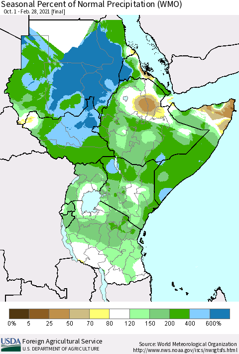 Eastern Africa Seasonal Percent of Normal Precipitation (WMO) Thematic Map For 10/1/2020 - 2/28/2021