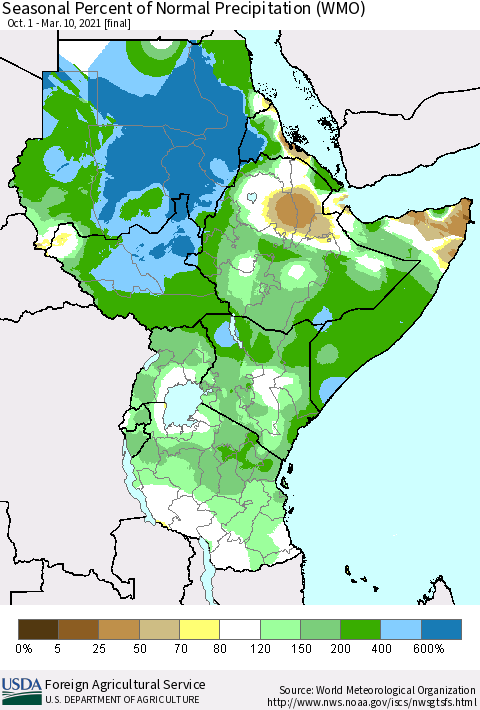 Eastern Africa Seasonal Percent of Normal Precipitation (WMO) Thematic Map For 10/1/2020 - 3/10/2021