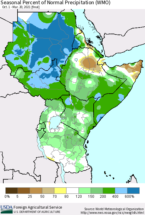 Eastern Africa Seasonal Percent of Normal Precipitation (WMO) Thematic Map For 10/1/2020 - 3/20/2021