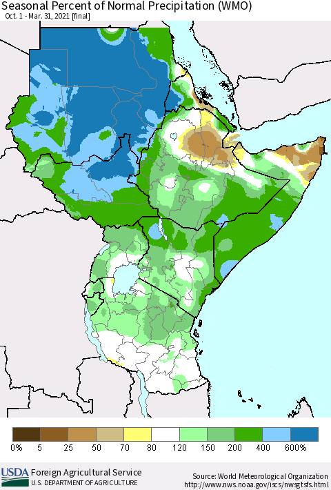 Eastern Africa Seasonal Percent of Normal Precipitation (WMO) Thematic Map For 10/1/2020 - 3/31/2021