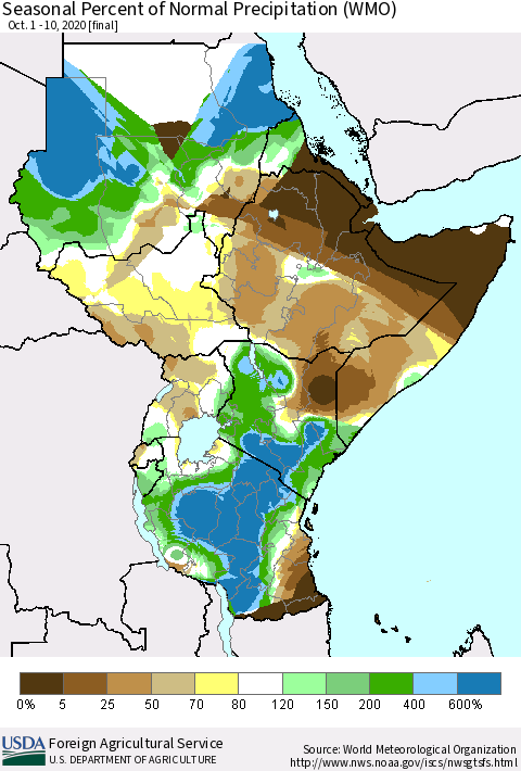 Eastern Africa Seasonal Percent of Normal Precipitation (WMO) Thematic Map For 10/1/2020 - 10/10/2020