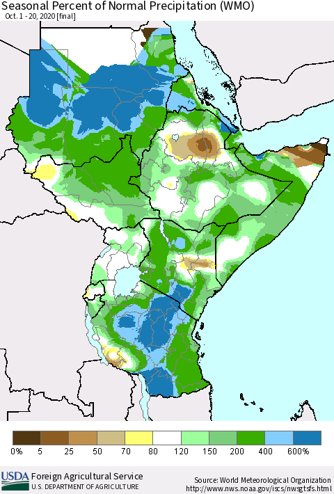 Eastern Africa Seasonal Percent of Normal Precipitation (WMO) Thematic Map For 10/1/2020 - 10/20/2020