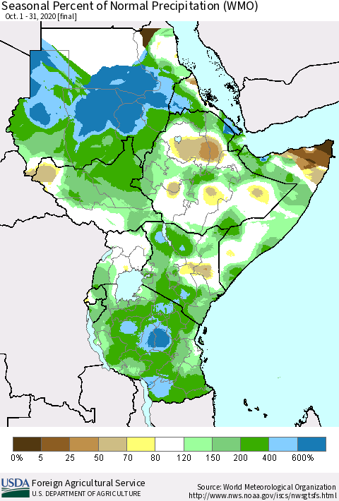 Eastern Africa Seasonal Percent of Normal Precipitation (WMO) Thematic Map For 10/1/2020 - 10/31/2020