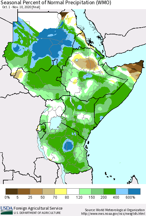 Eastern Africa Seasonal Percent of Normal Precipitation (WMO) Thematic Map For 10/1/2020 - 11/10/2020