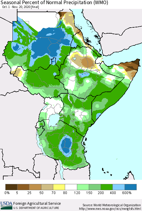 Eastern Africa Seasonal Percent of Normal Precipitation (WMO) Thematic Map For 10/1/2020 - 11/20/2020