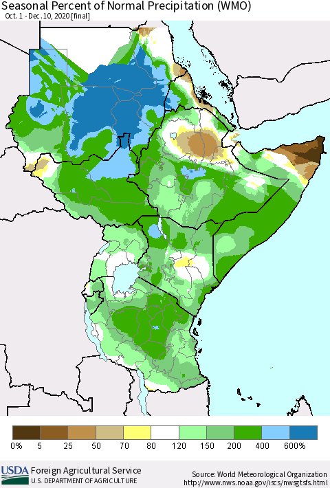Eastern Africa Seasonal Percent of Normal Precipitation (WMO) Thematic Map For 10/1/2020 - 12/10/2020