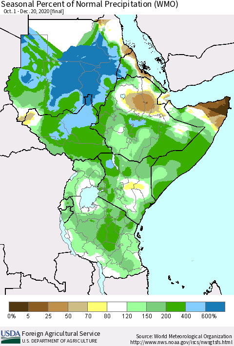 Eastern Africa Seasonal Percent of Normal Precipitation (WMO) Thematic Map For 10/1/2020 - 12/20/2020
