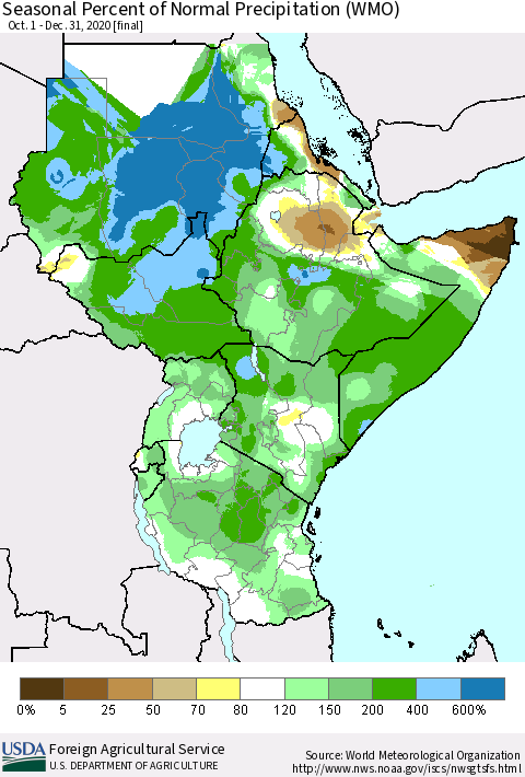 Eastern Africa Seasonal Percent of Normal Precipitation (WMO) Thematic Map For 10/1/2020 - 12/31/2020
