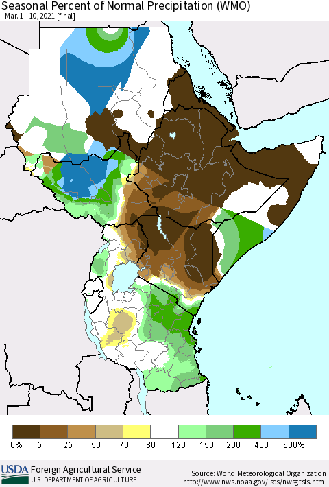 Eastern Africa Seasonal Percent of Normal Precipitation (WMO) Thematic Map For 3/1/2021 - 3/10/2021