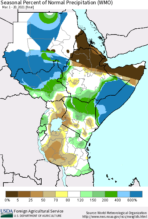 Eastern Africa Seasonal Percent of Normal Precipitation (WMO) Thematic Map For 3/1/2021 - 3/20/2021