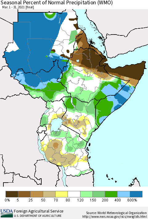 Eastern Africa Seasonal Percent of Normal Precipitation (WMO) Thematic Map For 3/1/2021 - 3/31/2021
