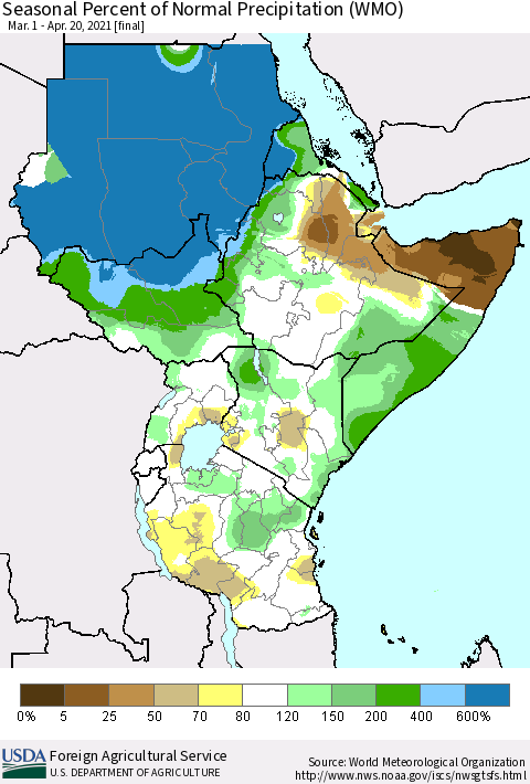 Eastern Africa Seasonal Percent of Normal Precipitation (WMO) Thematic Map For 3/1/2021 - 4/20/2021